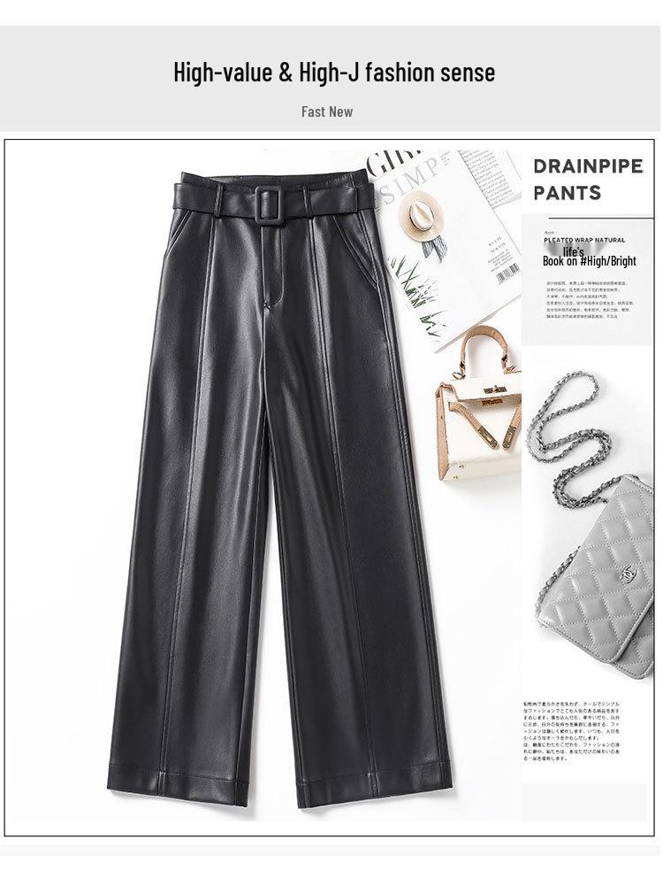 2025 Autumn Winter Women's High Waist Straight Leg Leather Pants, Wide Leg, Plus Velvet, Casual Loose Cropped Fit, Style 514.