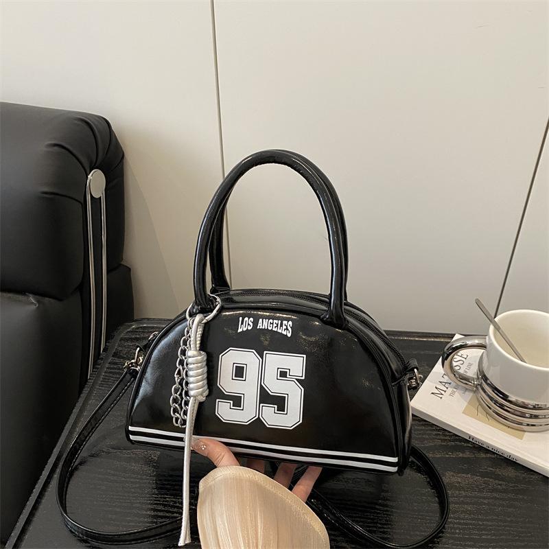 Bag women's new bowling bag fashionable oily leather splicing contrasting color digital decoration portable women's handbag