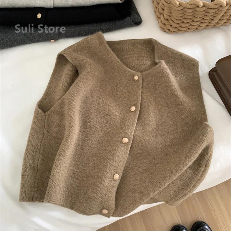 Women Sweater Vest Gold Button Up Waistcoat Soft Knitted Sleeveless Cardigan Jacket Top Fall Winter Korean Ladies Chic Outfit