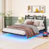 140x200 cm, Double Bed Frame with LED Lighting and Charging Station, Headboard, Metal Bed, Robust and Stable, Easy Assembly (without Mattress