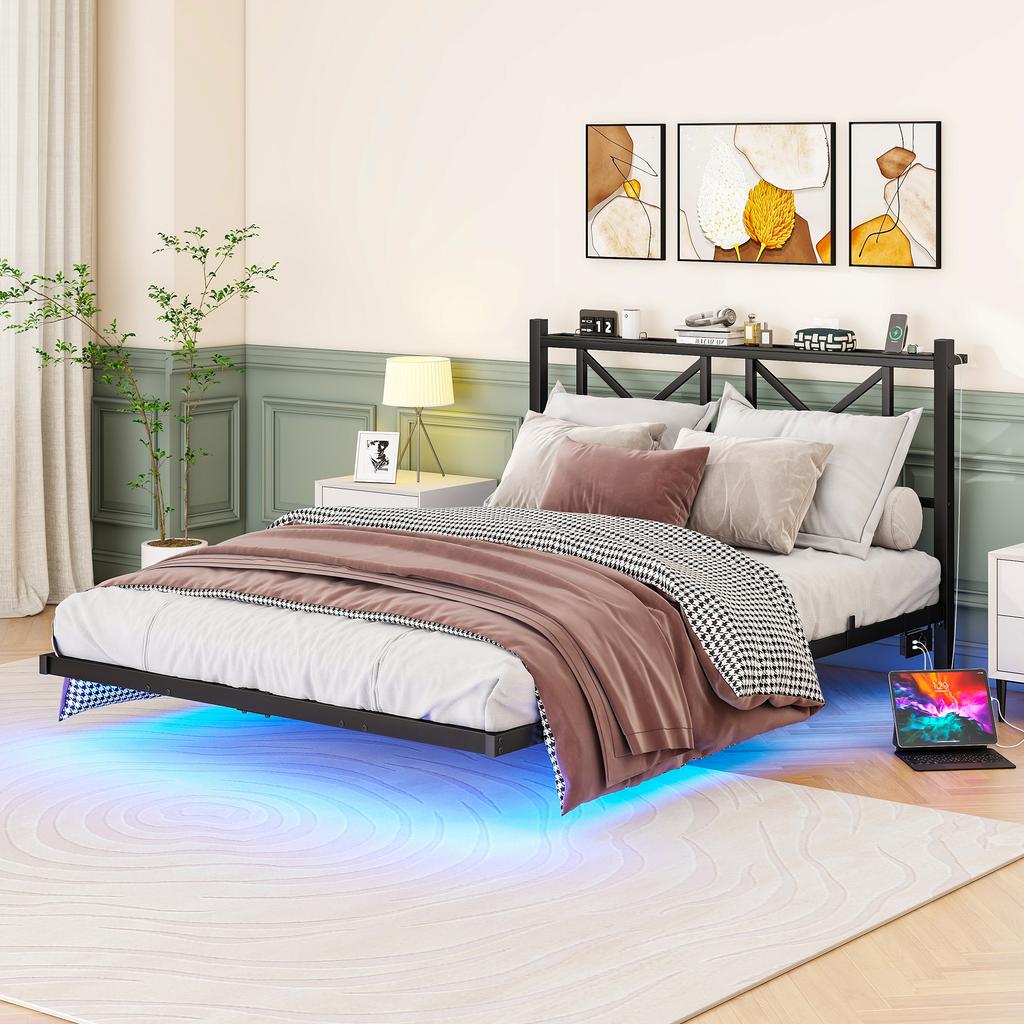 140x200 cm, Double Bed Frame with LED Lighting and Charging Station, Headboard, Metal Bed, Robust and Stable, Easy Assembly (without Mattress