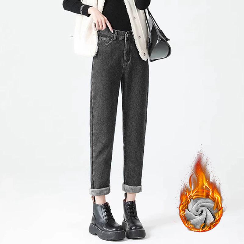 

Women s High Waist Thickened Velvet Straight Jeans - Warm, Loose, Versatile Cropped Retro Carrot Pants L