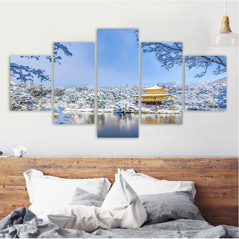 5-teilige Winterlandschaft Poster Park Schnee Szenerie Cuadro Leinwanddrucke Wandkunst für Wohnzimmer Dekorative Gemälde Ohne Rahmen