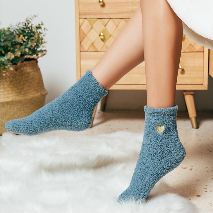 Women's Heart Embroidered Coral Fleece Mid-Calf Sleep Socks - Winter Warm and Thickened