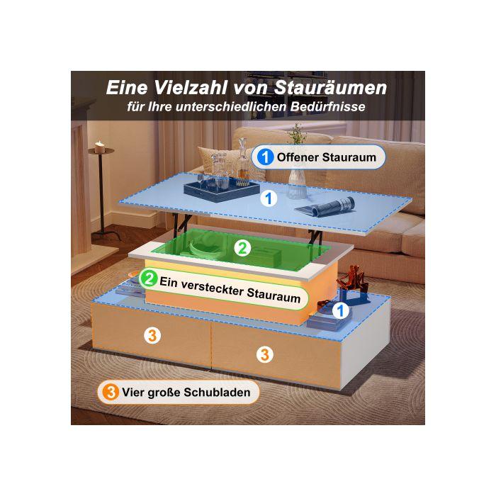 Table basse - MUVOE - Moderne - Blanc brillant - Éclairage LED - 4 tiroirs