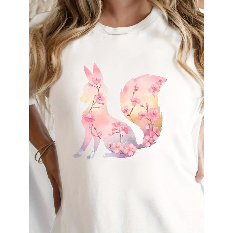 Women's Kitsune Cherry Blossom Print Tee Casual Short Sleeve Spring Summer Top