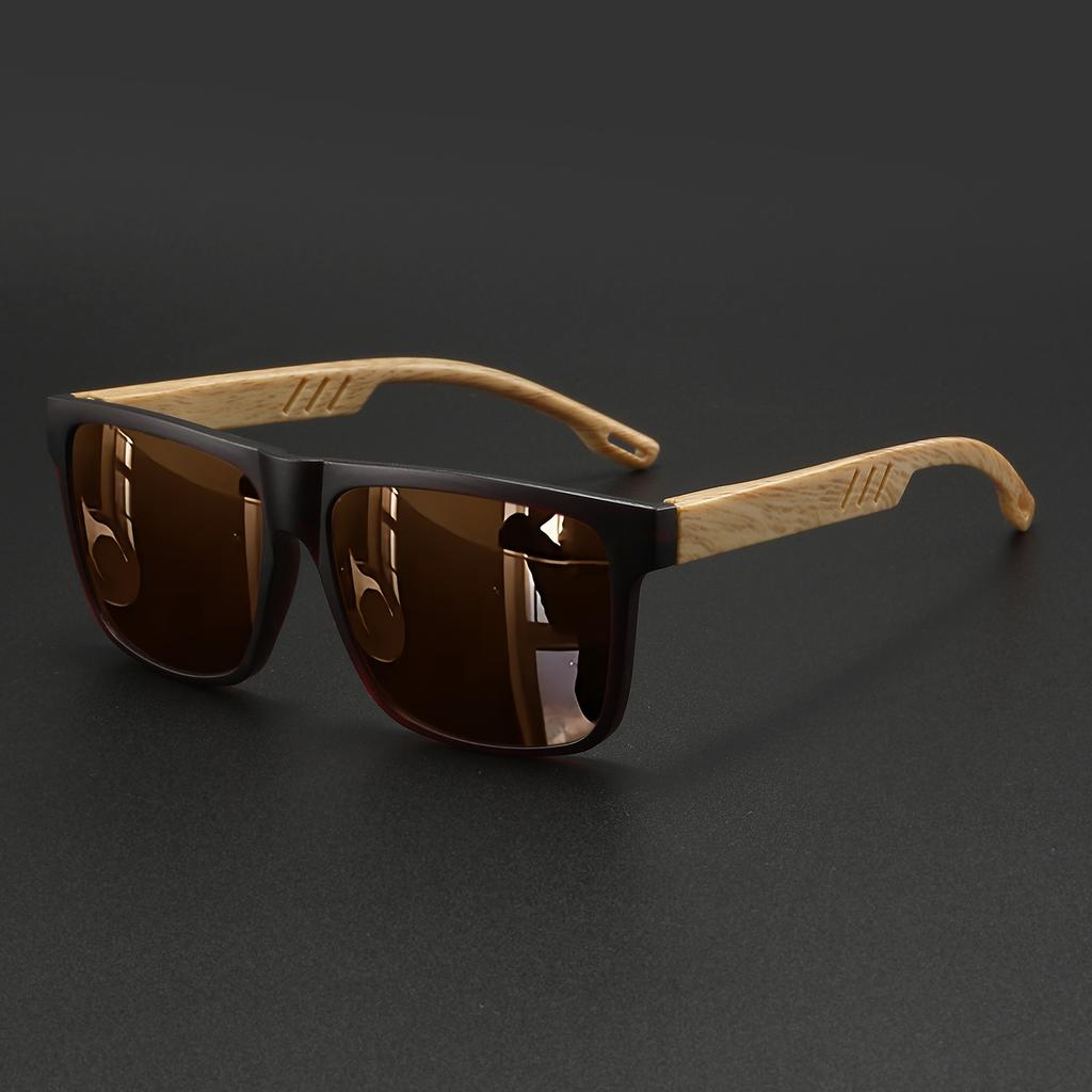 New Fashion Square Sunglasses - Wood Grain Spring Hinge, UV400 Unisex for Driving, Hiking & Travel