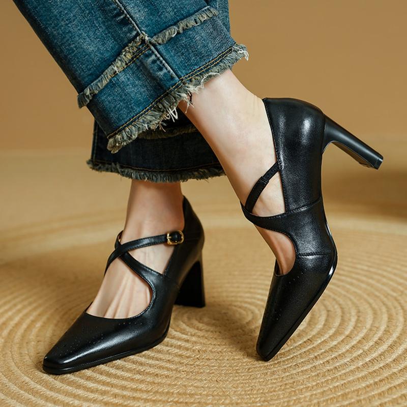Fashion NEW Spring/Autumn Women Pumps Square Toe High Heel Shoes Genuine Leather Shoes for Women Concise Cross-tie Buckle Strap Shoes