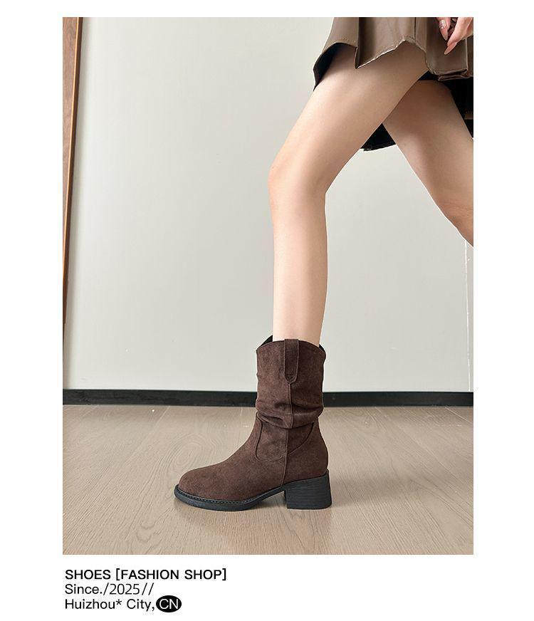Women's Retro Hidden Heel Suede Mid-Calf Western Boots with Chunky Heel - 2025 Spring & Autumn Collection