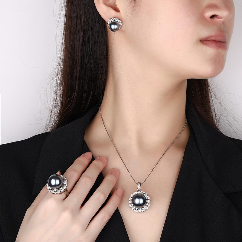 New Huabi Jewelry Copper Bottom Gold Plated Inlay Simulation Grey Pearl Fashion Pearl Round Set 16-12mm