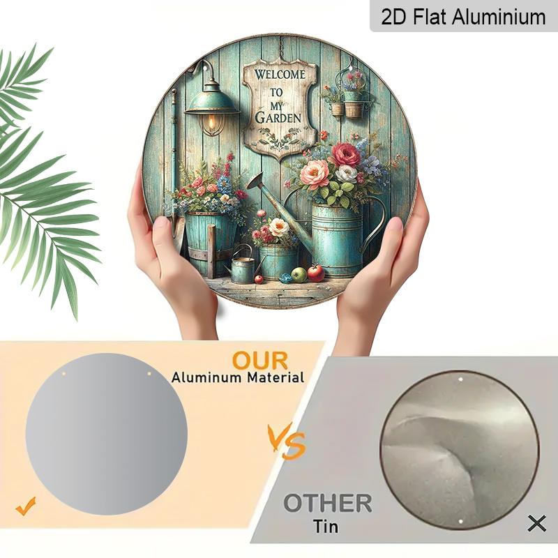 2D Flat - 1pc Round Vintage "Welcome to My Garden" Aluminum Sign - Rustic Floral Watering Can & Lantern Wall Plaque, Perfect for Rustic Style Wall Or