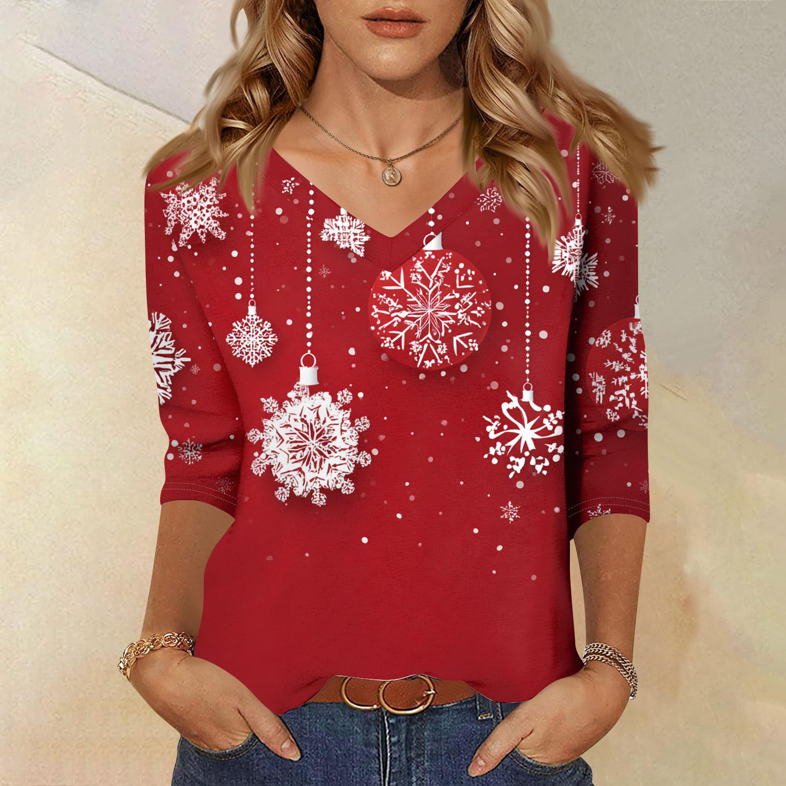 

3/4 Sleeve Shirts For Women Print Christmas Tees Blouses Casual Plus Size Basic Tops Pullover XL кавун червоний колір