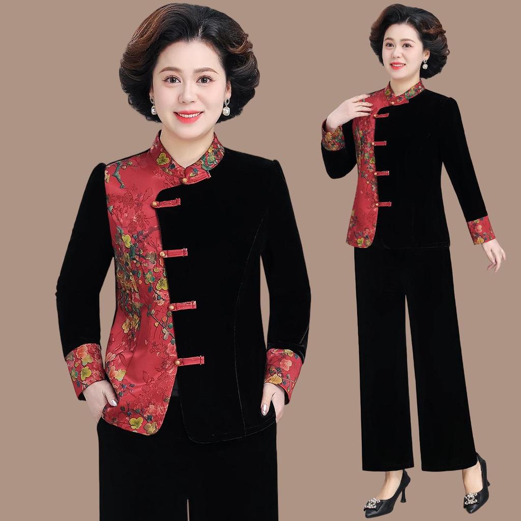 2026 Spring/Autumn Chinese Style Velvet Patchwork Suit: Slim Retro Top & Wide-Leg Pants Set