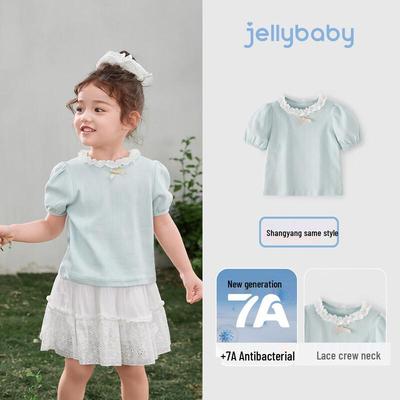 JELLYBABY Girls' French Lace Collar Short Sleeve T-Shirt