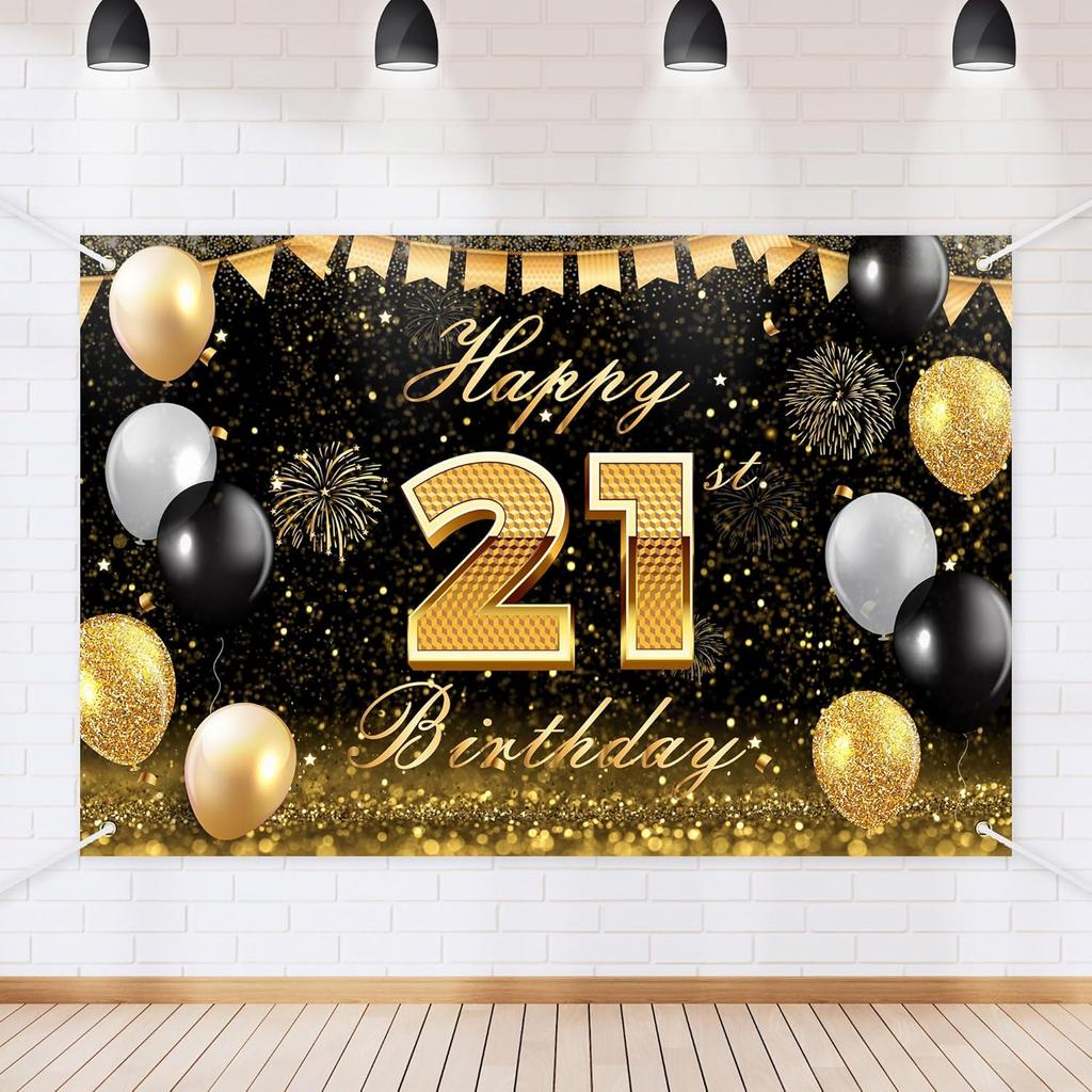 Black Gold Happy Birthday Backdrop Banner Glitter Black Gold Theme Photography Photo Prop Background Decor for Men Women Boys Girls Celebration