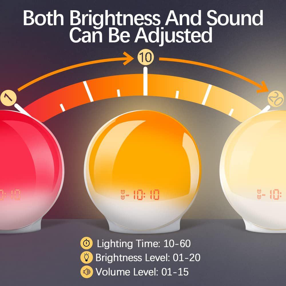Wake-Up Light Alarm Clock with LED Sunrise/Sunset Simulation, FM Radio, and Colorful Night Lamp