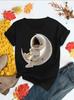 Crescent Stars Astronaut Round Casual Summer Women's Astronaut Graphic T-Shirt Space Themed Print Casual Women Clothing