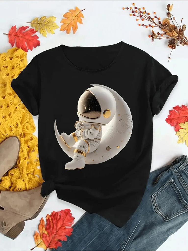 Crescent Stars Astronaut Round Casual Summer Women's Astronaut Graphic T-Shirt Space Themed Print Casual Women Clothing