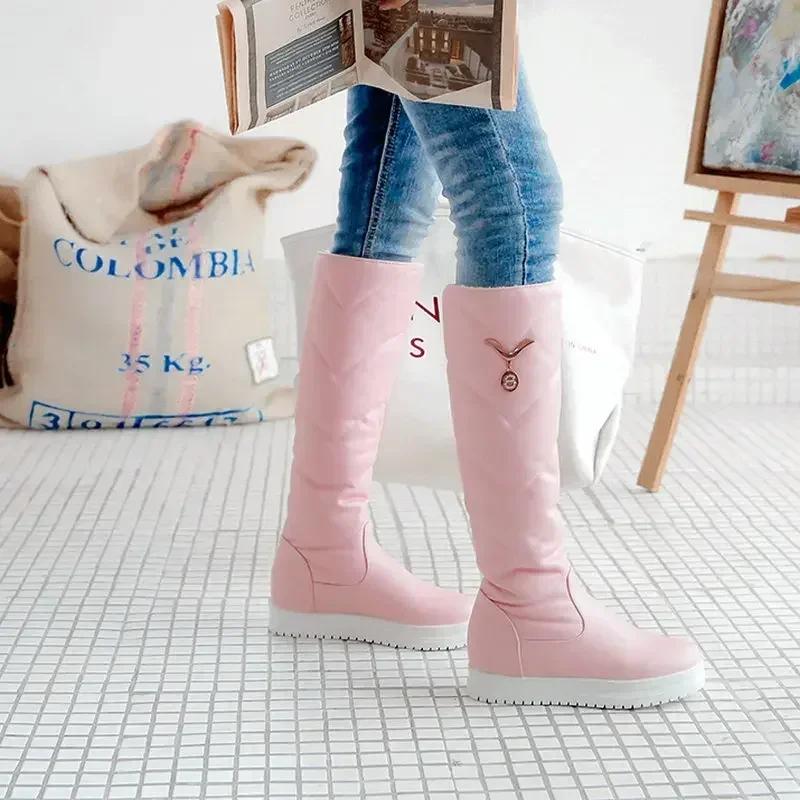 Winter Warm Plush Knee High Boots Women Comfy Flat Heel Snow Boots Slip On Platform Woman Long Boots Shoes Black Pink White 2025