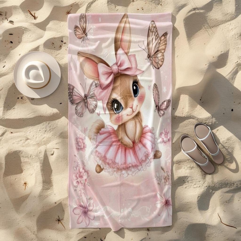 1pc Sweet Rabbit 2D Flat Beach Towel, Ideal for Beach Party Travel Camping, Essential Summer Beach Accessory
