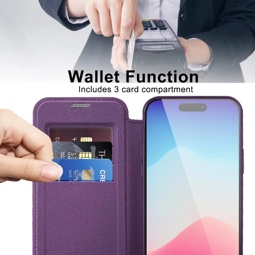 For iPhone 15 Pro RFID Blocking Built-in Lens Film Phone Case Card Holder Leather Cover Compatible with MagSafe