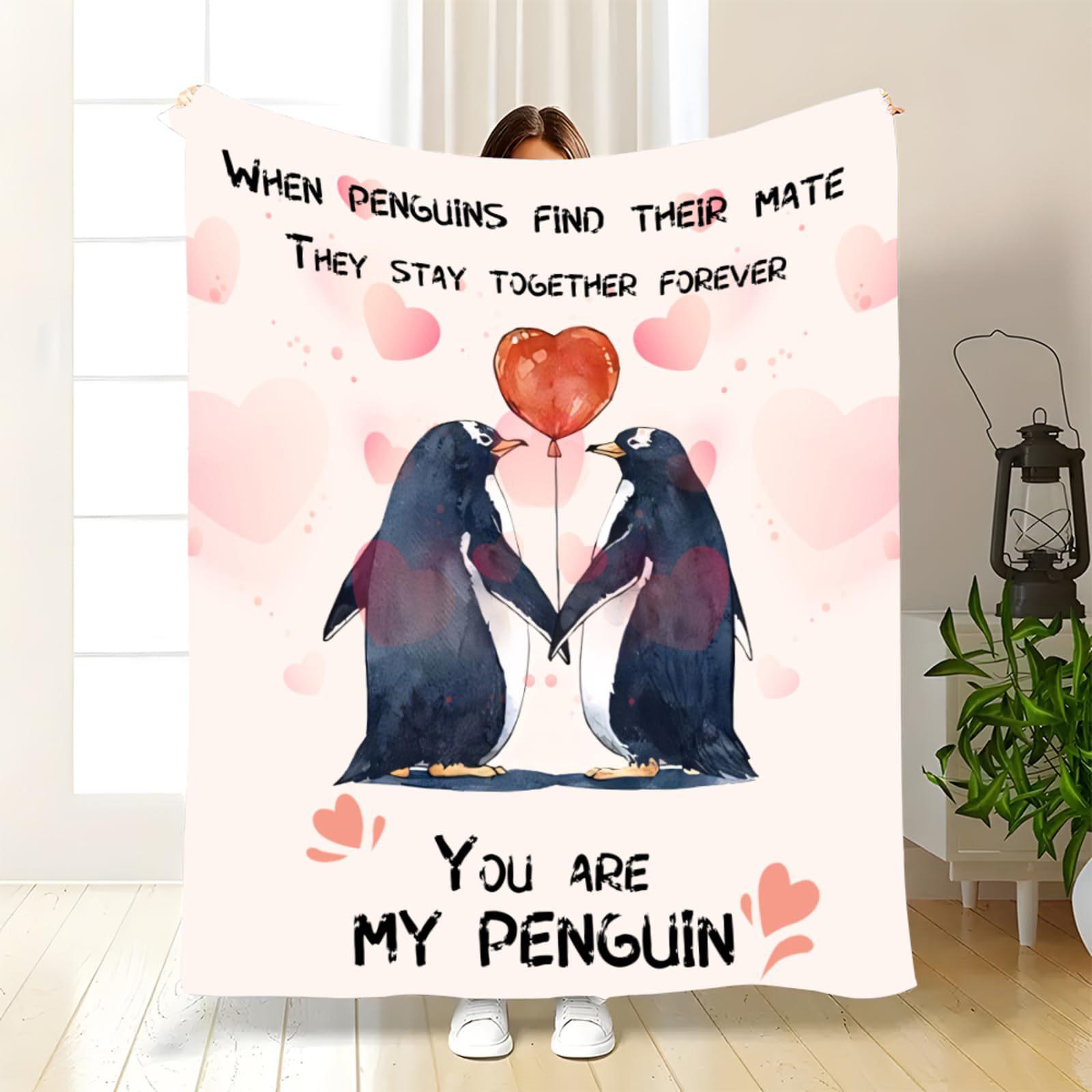 

Penguin couples on Valentine s Day Printed Blanket for Sofa Bed Travel Camping Living Room Office Conditioning Blanket 75x90cm