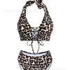 Leopard Print Pink Lily Halter Bikini Set Up High Waist Swimsuit for Women