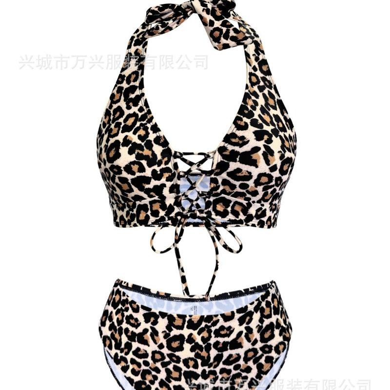 Leopard Print Pink Lily Halter Bikini Set Up High Waist Swimsuit for Women