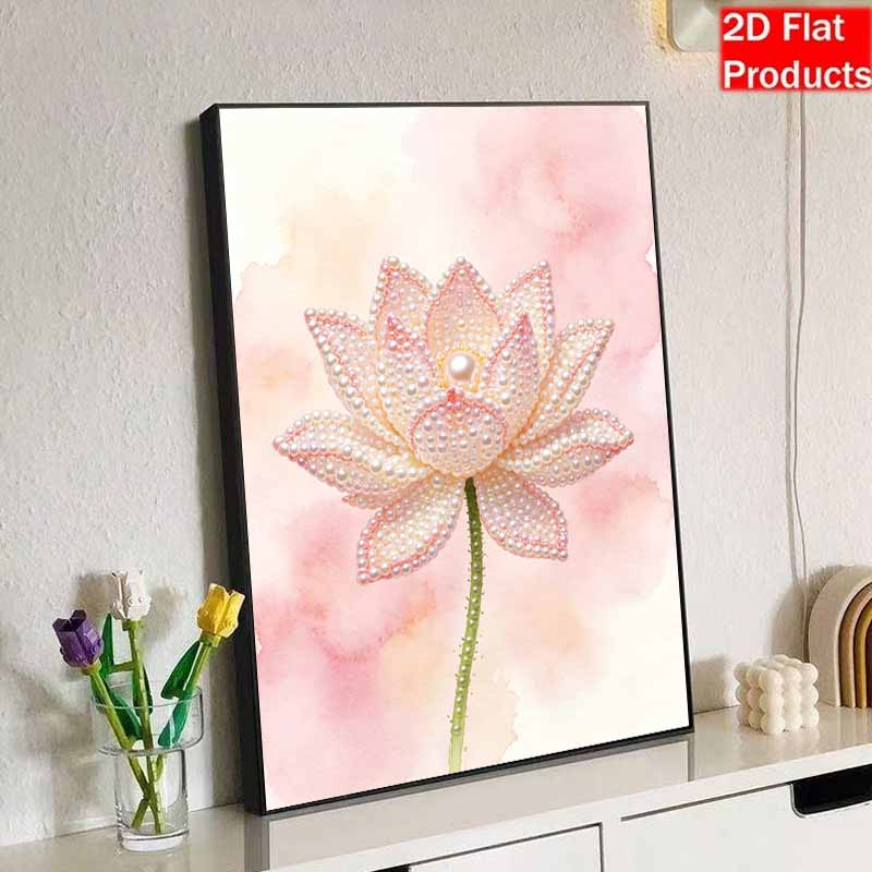 DIY Frameless Pearl Painting Kit Elegant Pink Lotus Flower 3D Shiny Bead Art Canvas Relaxing Craft for Adults Home Wall Decor Gift