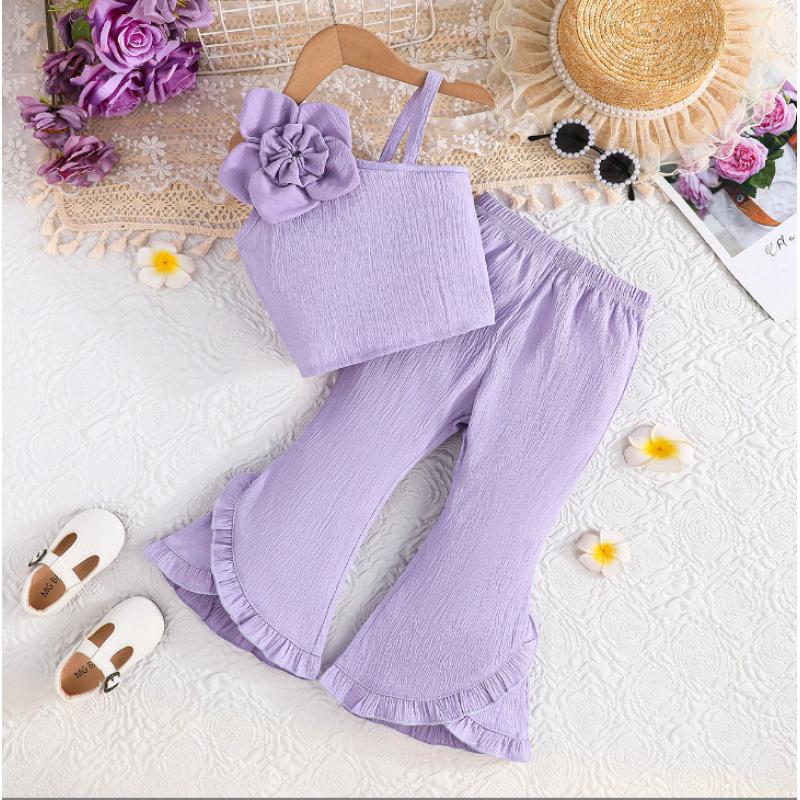 Summer New Style Asymmetrical Shoulder Strap Floral Top + Solid Color Lace Flared Pants Two-Piece Set Children's Clothing