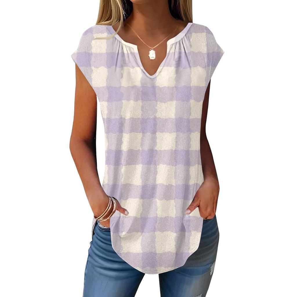 Summer Cap Sleeve T Shirts For Women Trendy Loose Casual Dressy V Neck Pleated Tunic Tank Tops