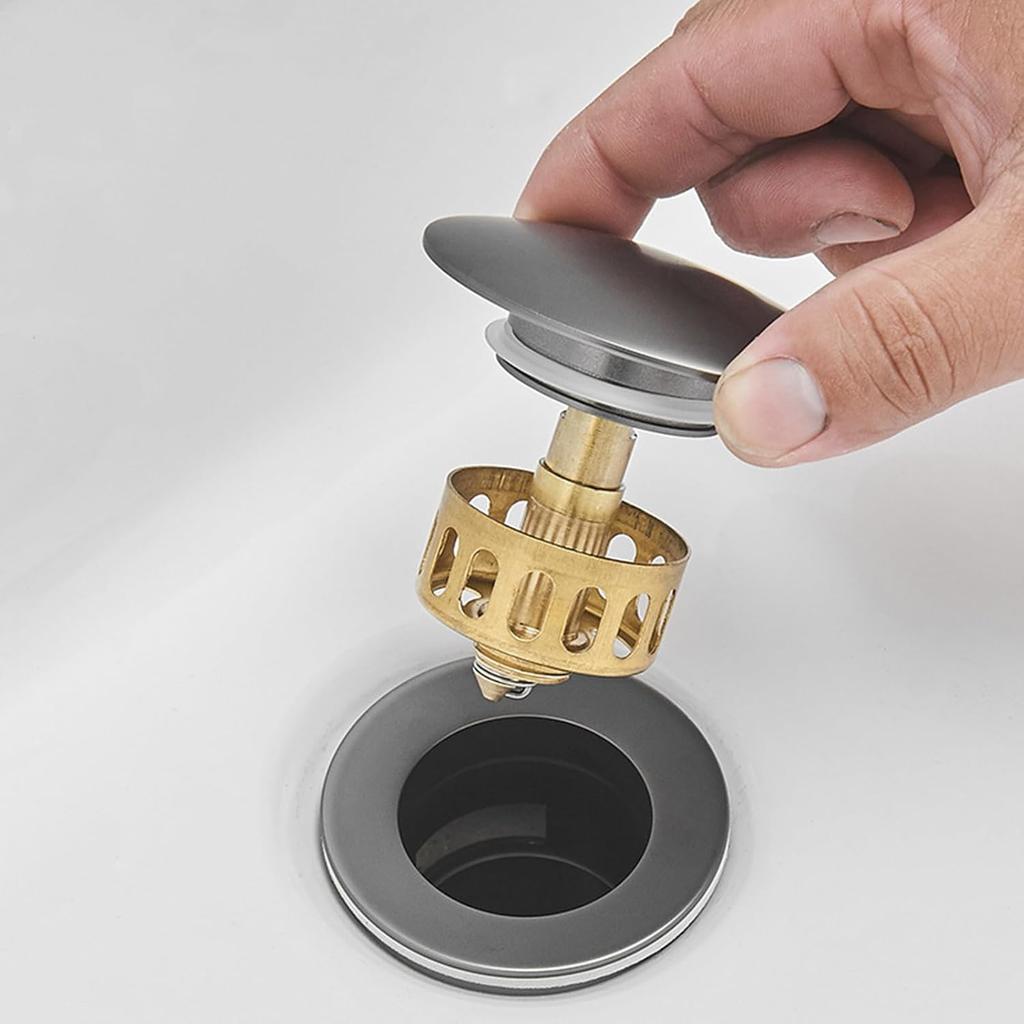 Banyo için Pop-Up Lavabo Gider Tıpa, Tabanca Grisi, Basmalı Düğmeli Banyo Lavabo Gideri, Lavabo Pop-Up Gider Tıpa Parçaları, Tam Bakır Korozyon Önleyici, Zıplayan
