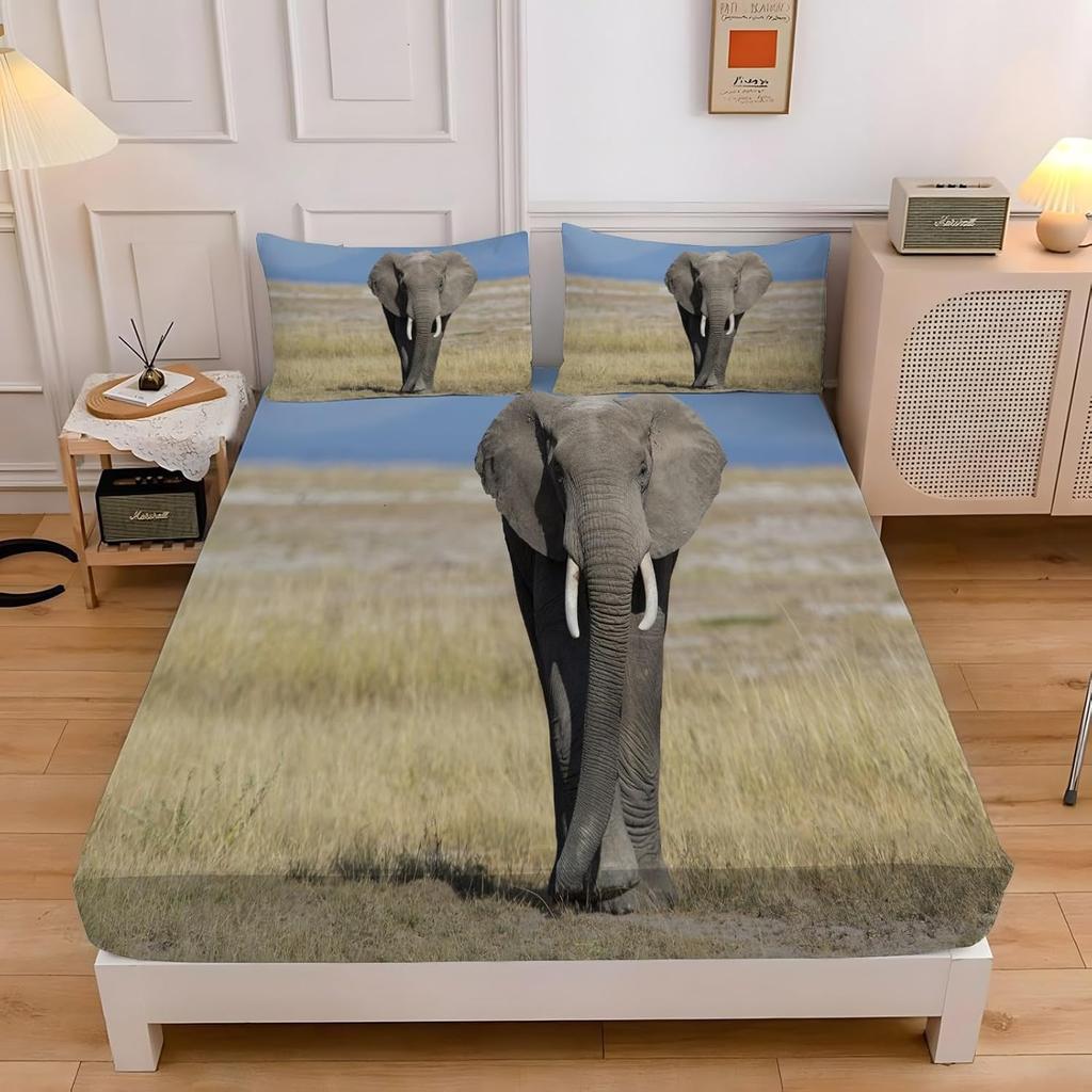 Elephants Fitted Sheet, African Landscape Bedding Set, Bed Sheets Room Decor For Teens Boys Girls,3 Piece Bedding Decor Set