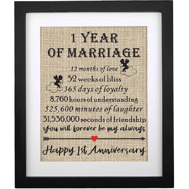 Framed 1st Anniversary Burlap Print Gifts for Couple 1st Wedding Anniversary Keepsake Gift for Husband Wife Paper Anniversary 1 Year of Marriage 1 Year