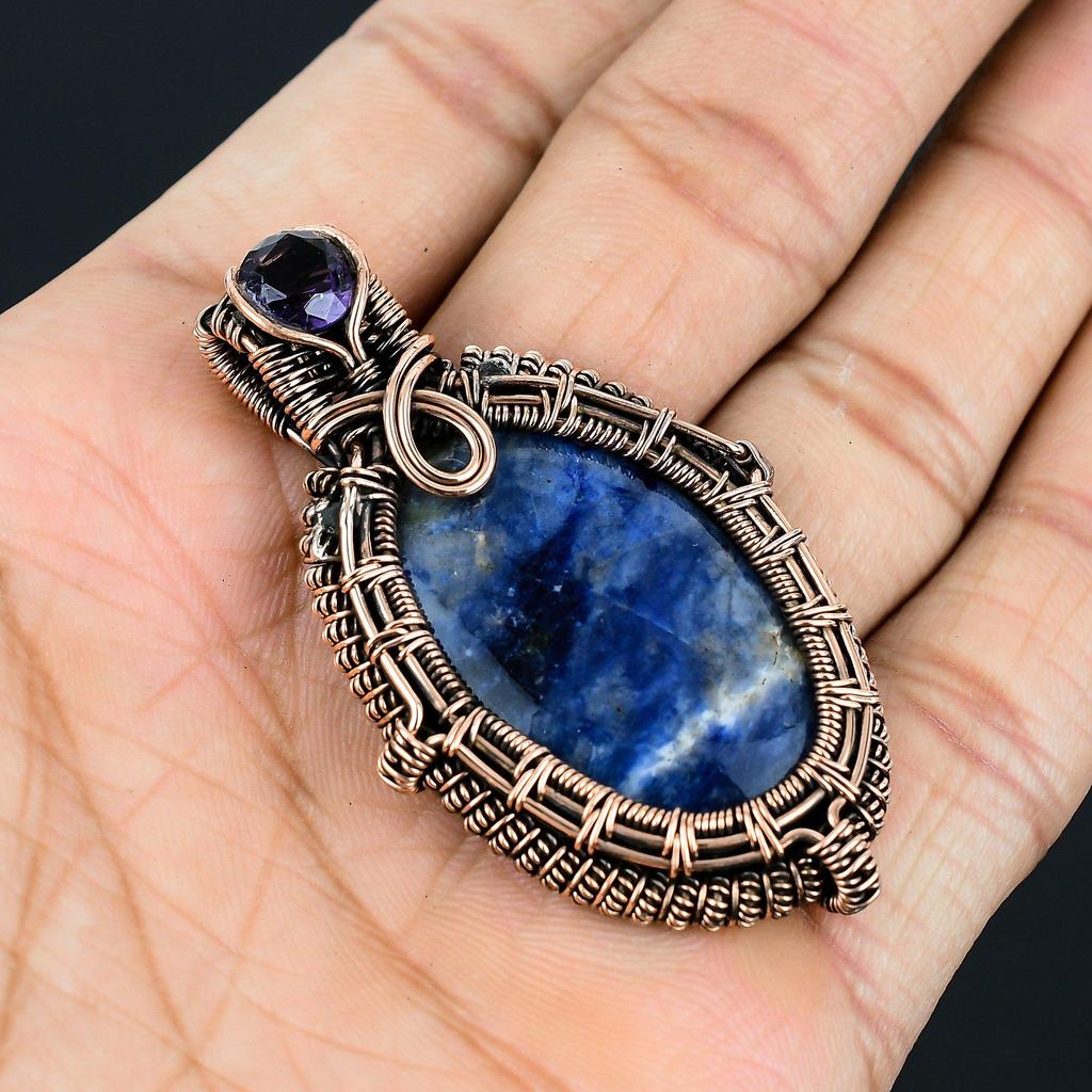 Beautiful Sodalite & Amethyst Gemstone Handmade Pure Copper Wire Wrapped Pendant Jewelry