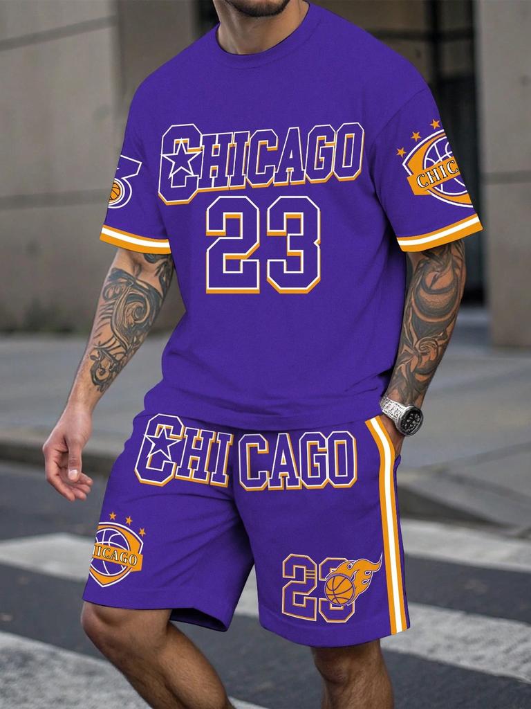 Completo Due Pezzi da Uomo Sportivo a Maniche Corte con Pantaloncini Stampa Lettere Maglietta e Pantaloncini Abbigliamento Sportivo da Basket