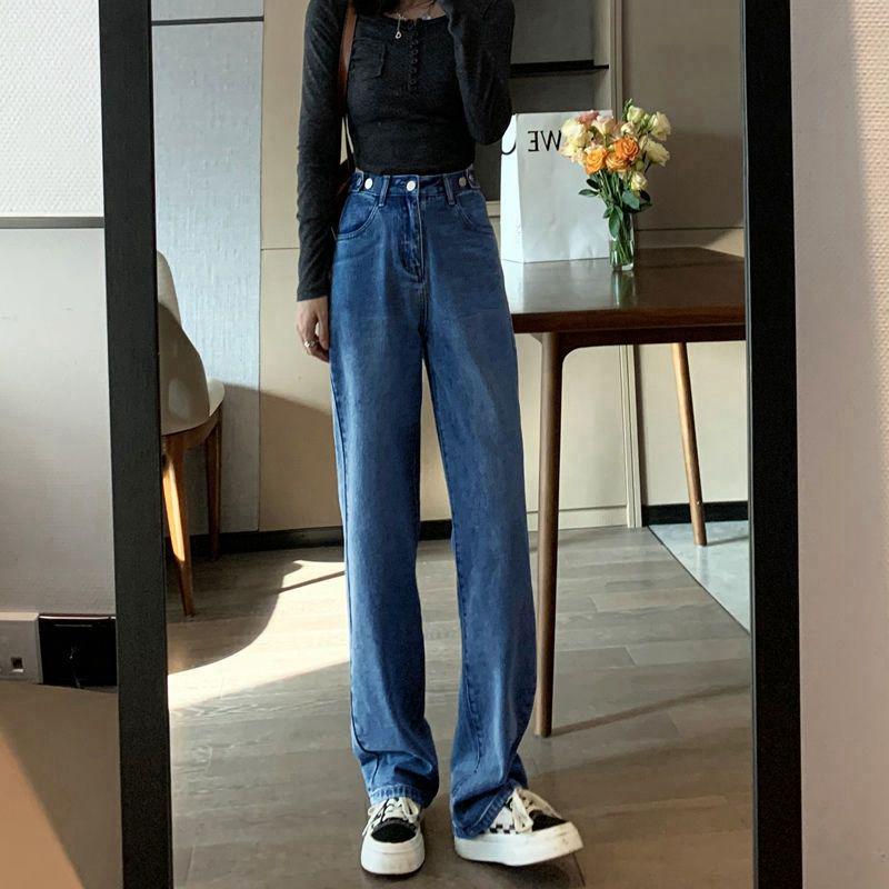 

Women s High-Waist Wide-Leg Black-Gray Jeans: Multi-Button, Adjustable, Loose Straight Fit, Drape Floor-Length Pants for Pear Shape. M