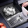Premium stainless steel roll-up dish drying rack, space-saving, rust-resistant, easy-clean over-sink kitchen organizer.