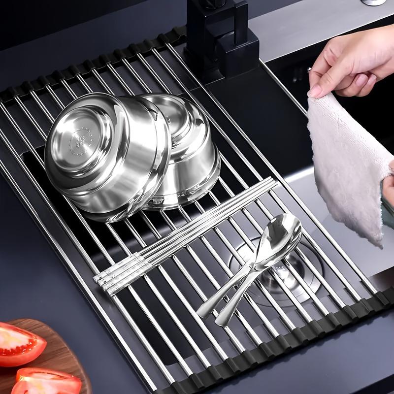 Premium stainless steel roll-up dish drying rack, space-saving, rust-resistant, easy-clean over-sink kitchen organizer.