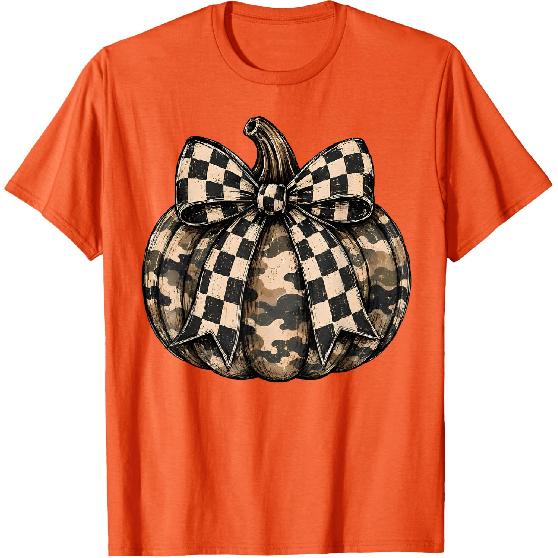 Camo Pumpkin with Checkered Bow Cute Fall Halloween Season T-Shirt