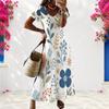 Women Plus Size V Neck Short Sleeve Floral Printed Navy Blue Straight Maxi Dress