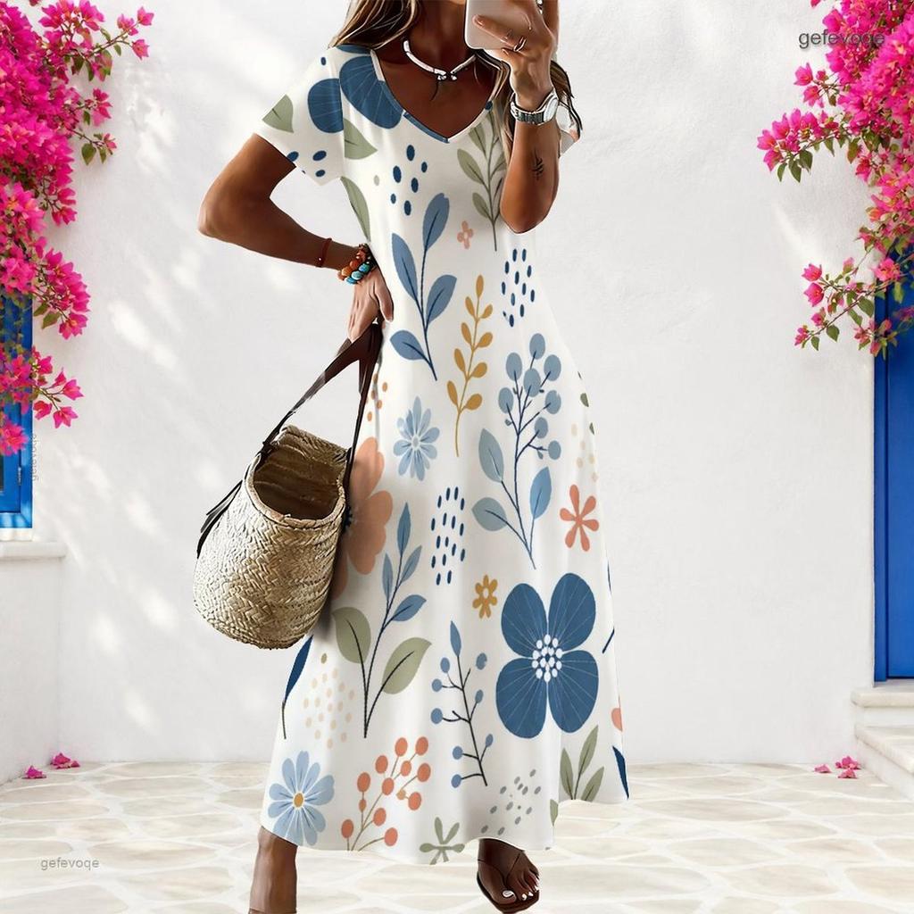 Women Plus Size V Neck Short Sleeve Floral Printed Navy Blue Straight Maxi Dress