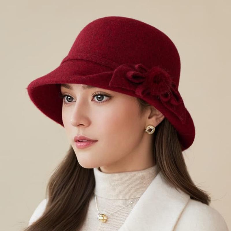 Hat Lady Autumn and Winter New Wool Top Hat Fashion Flower Warm Basin Hat Bucket Hat