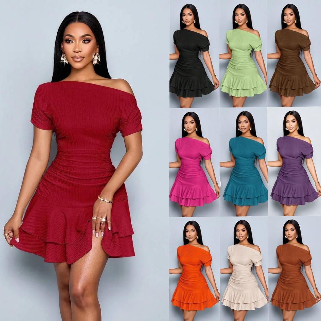 New Dress Summer Popular Women's Clothing Solid Color Slanted Shoulder Slim Ruffle Edge Dress