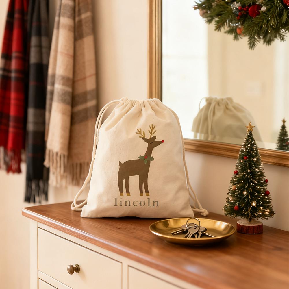 Personalized 4Pcs Christmas Gift Bag Kids Reindeer Goodie Bag New Year Drawstring Bags Christmas Holiday Party Favors Advent