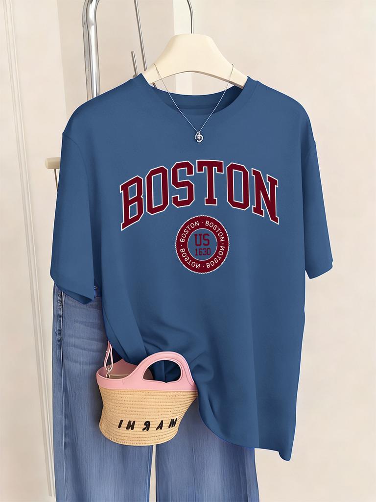 Boston City Us 1630 Letter Prints TShirts Womens Summer Basic T Shirts ONeck Soft Short Sleeve Tops Casual Loose Woman Clothes