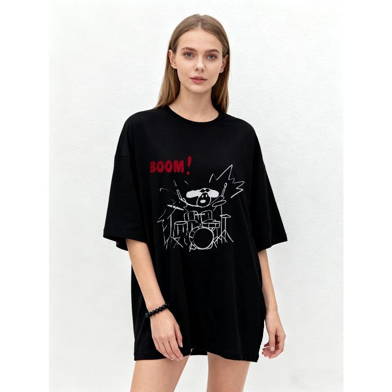 Oversized T-Shirt Black Drummer Cartoon Print BOOM Text Graphic Tee Casual Streetwear for Women and Men