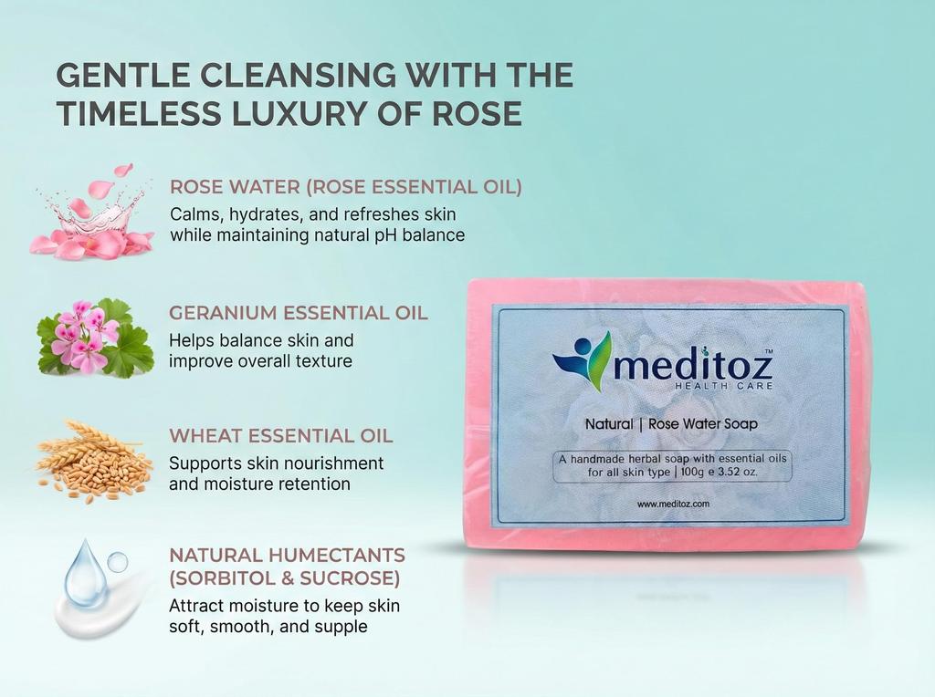 Meditoz Natural Rose Water Soap, Handmade Herbal Soap with Essential Oils, All Skin Types, (Pack of 2) 200g