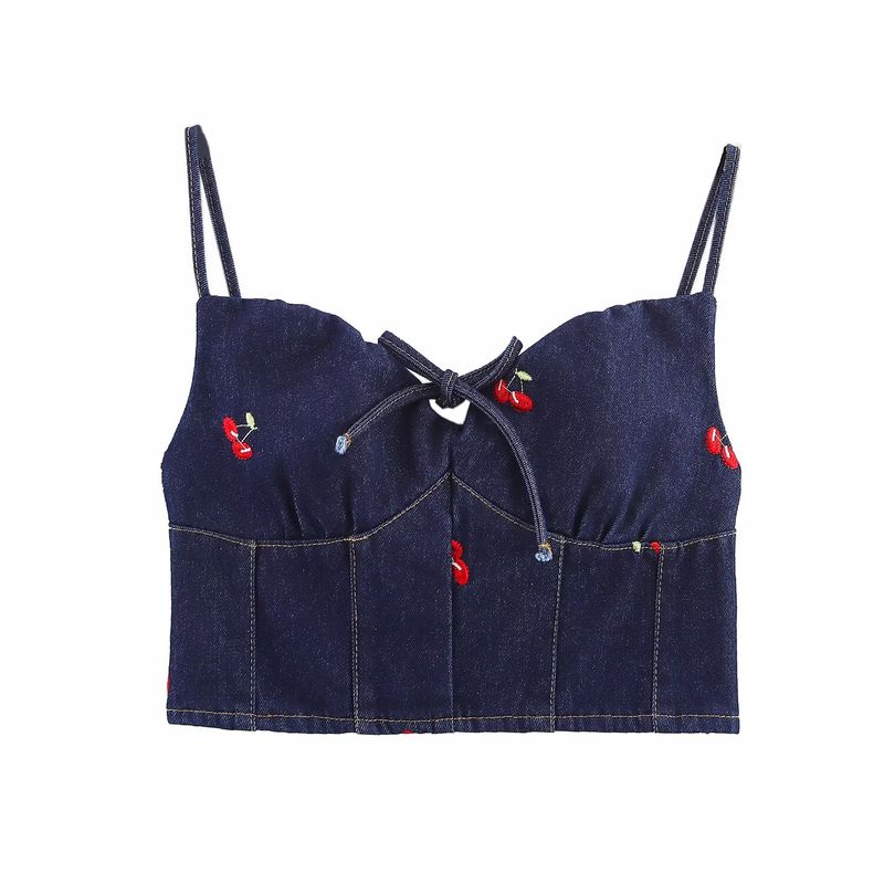 Kaslead New Arrival Women's Fashion Wind Washed Embroidered Denim Shoulder Strap Adjustable Short Sling Tops