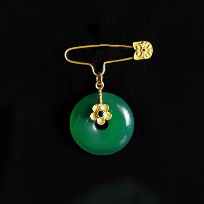 Classic Simple vintage Crystal Flower Broche Natural Hotan Jade Green Round Brooches for Women Banquet Jewelry